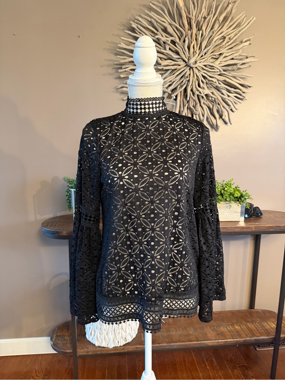 NWT Cable & Gauge Black Lace Long Sleeve Mock Neck Top